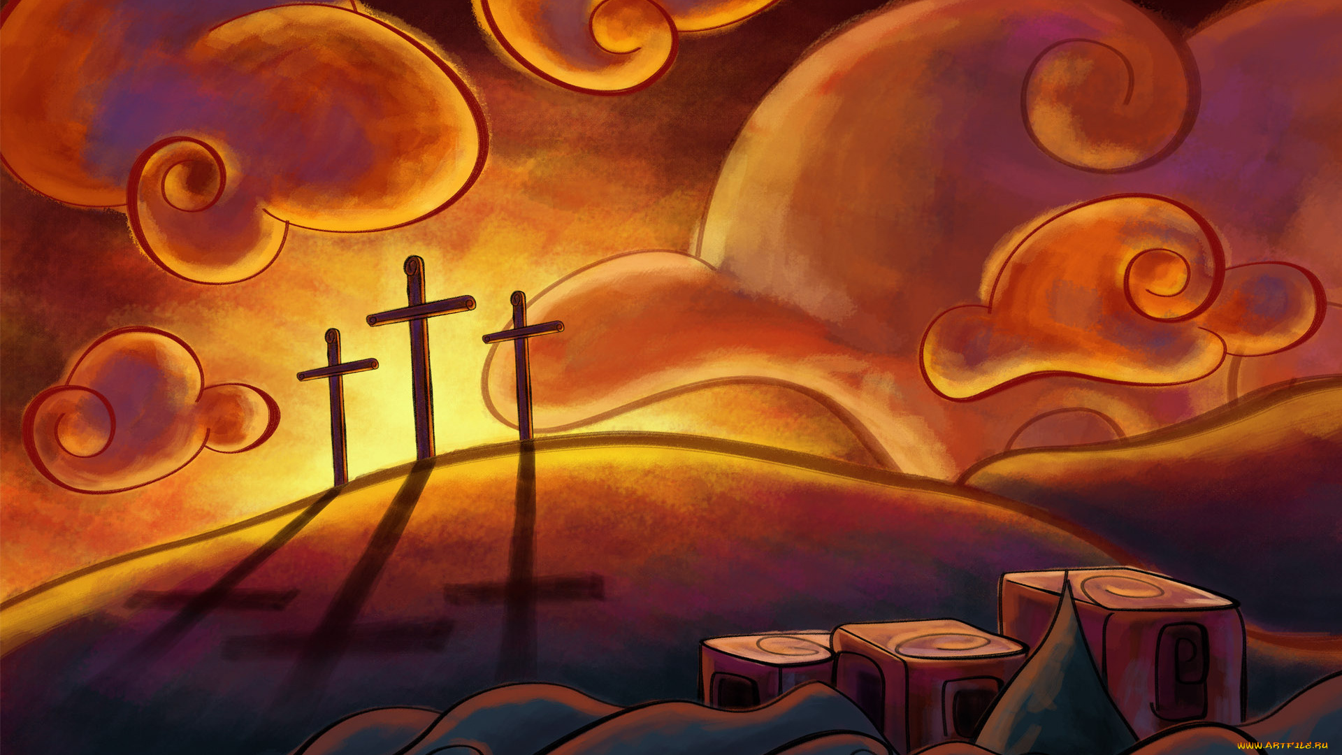 векторная, графика, вечер, закат, тучи, кресты, тени