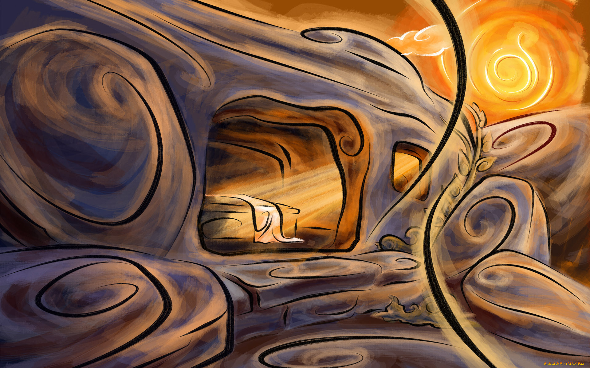 векторная, графика, пещера, воскресение