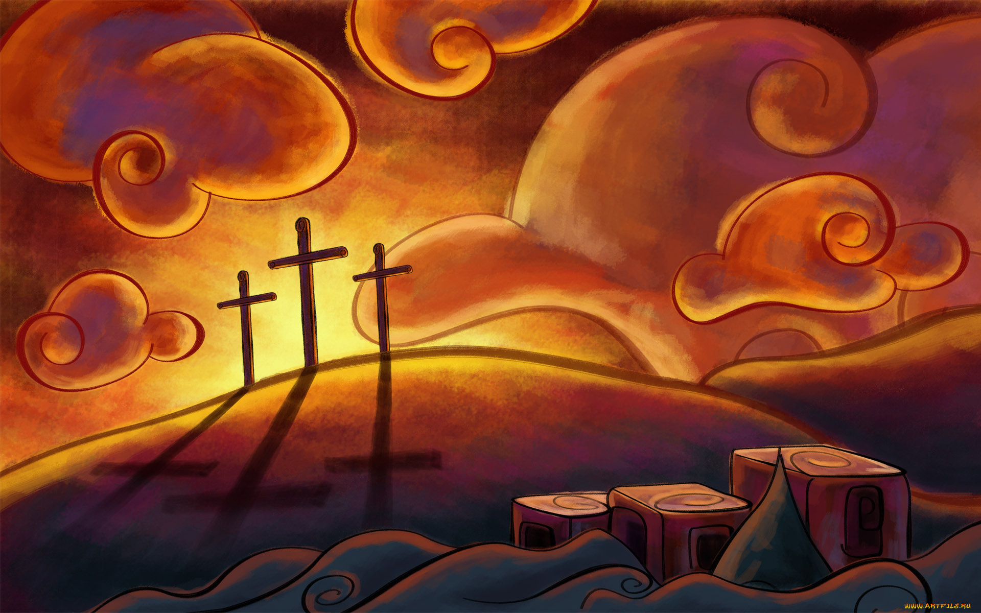 векторная, графика, вечер, закат, тучи, кресты, тени