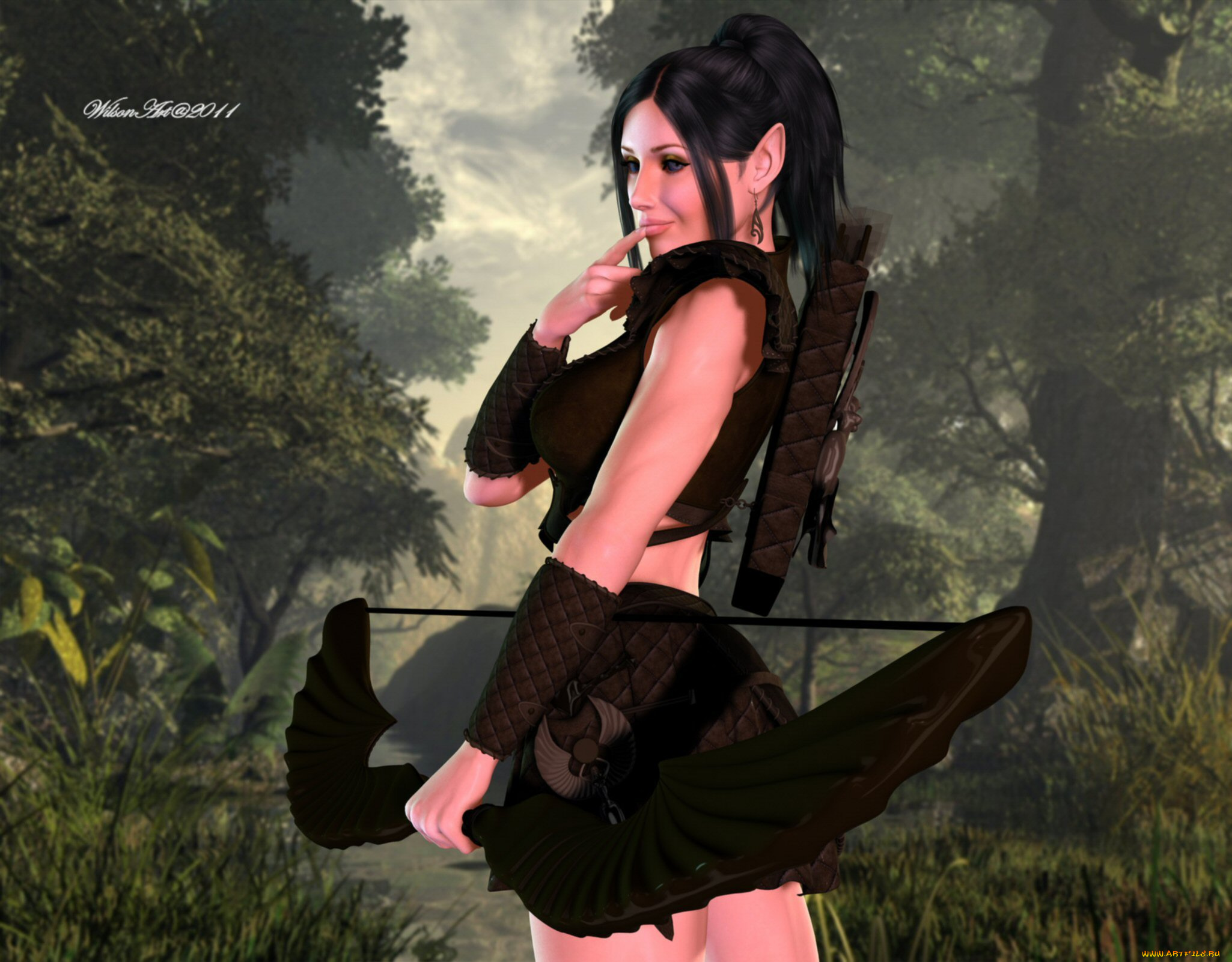 3д, графика, elves, эльфы, лук, эльфийка