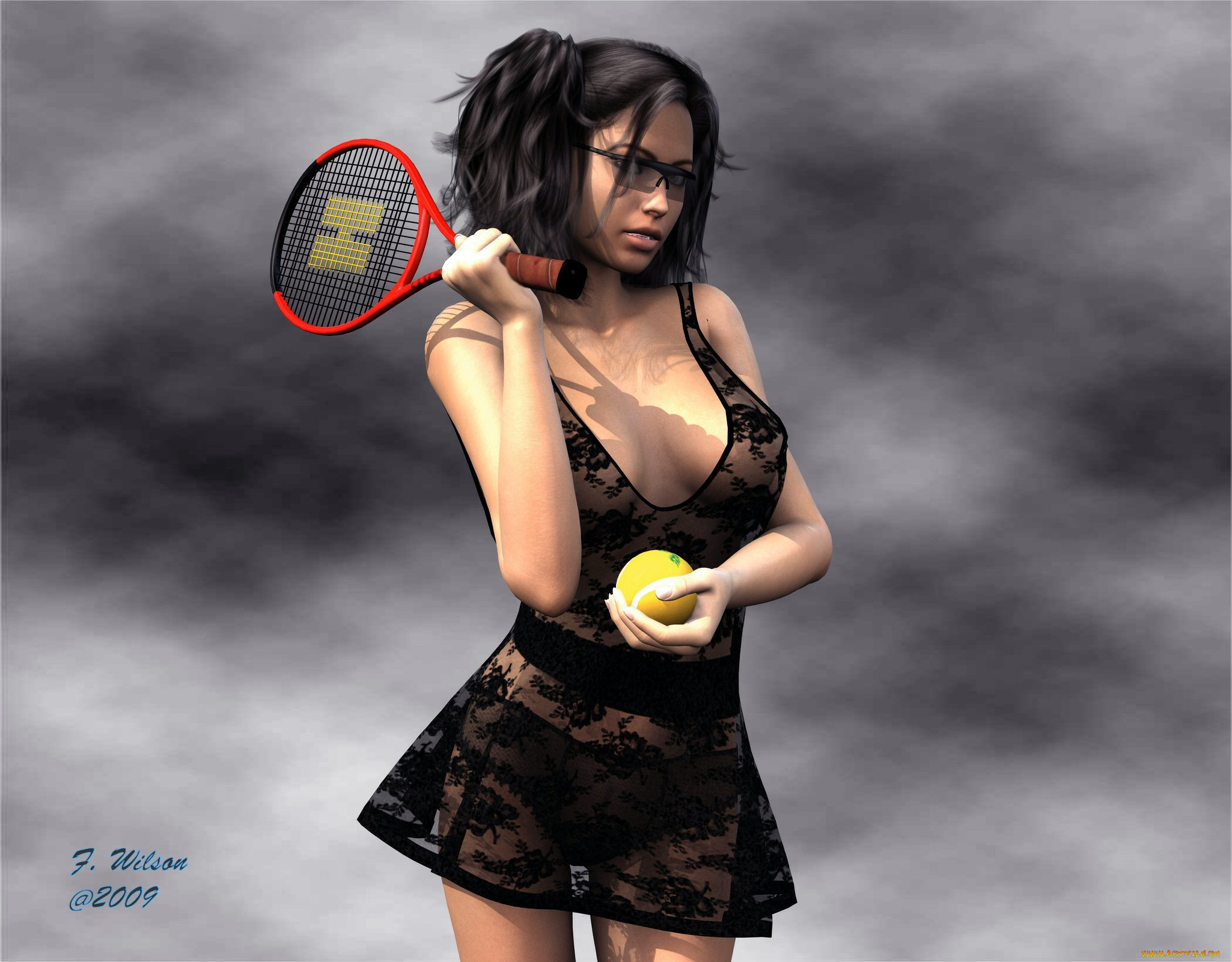 3д, графика, people, люди, девушка, ракетка, мяч