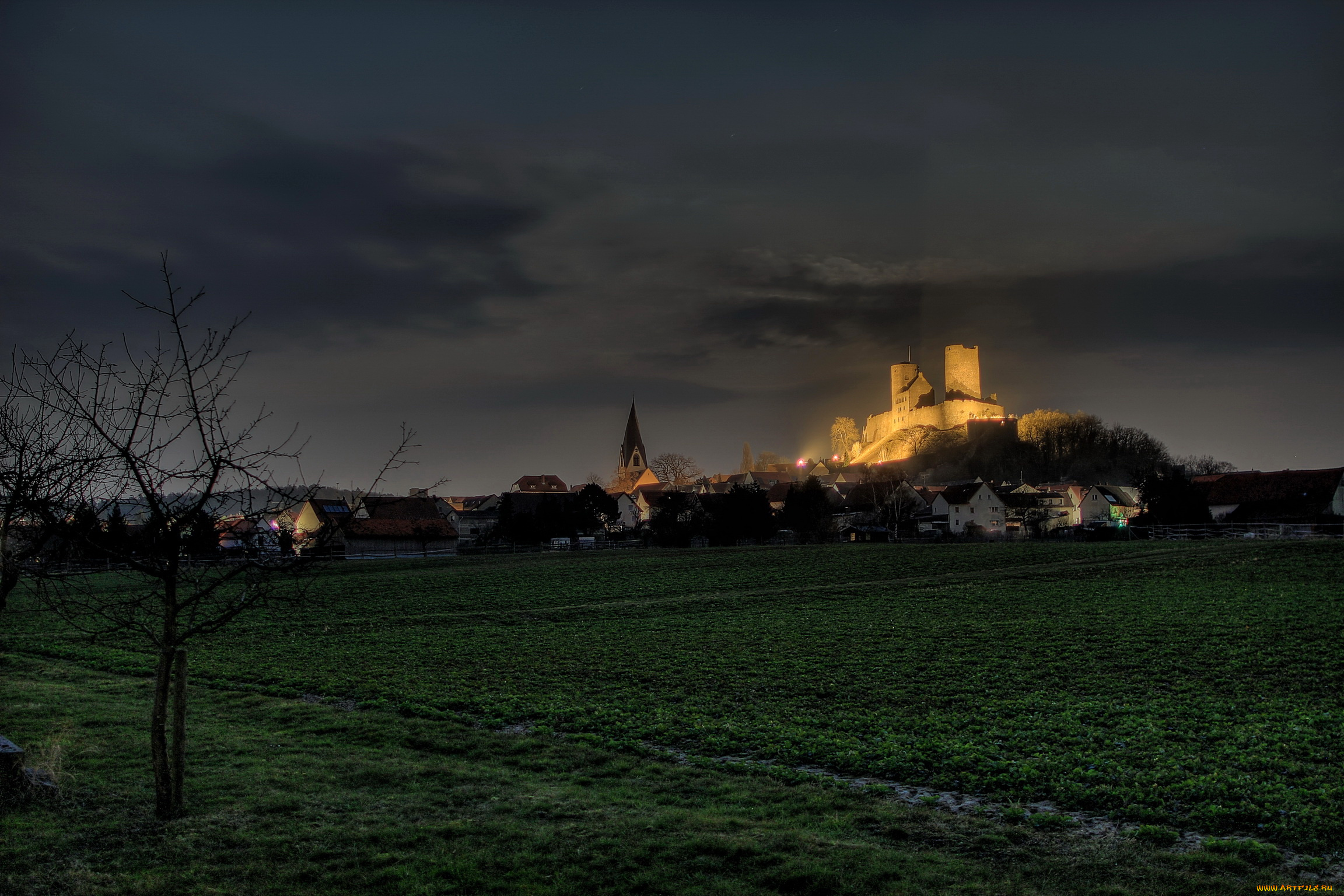 германия, гессен, мюнценберг, города, огни, ночного