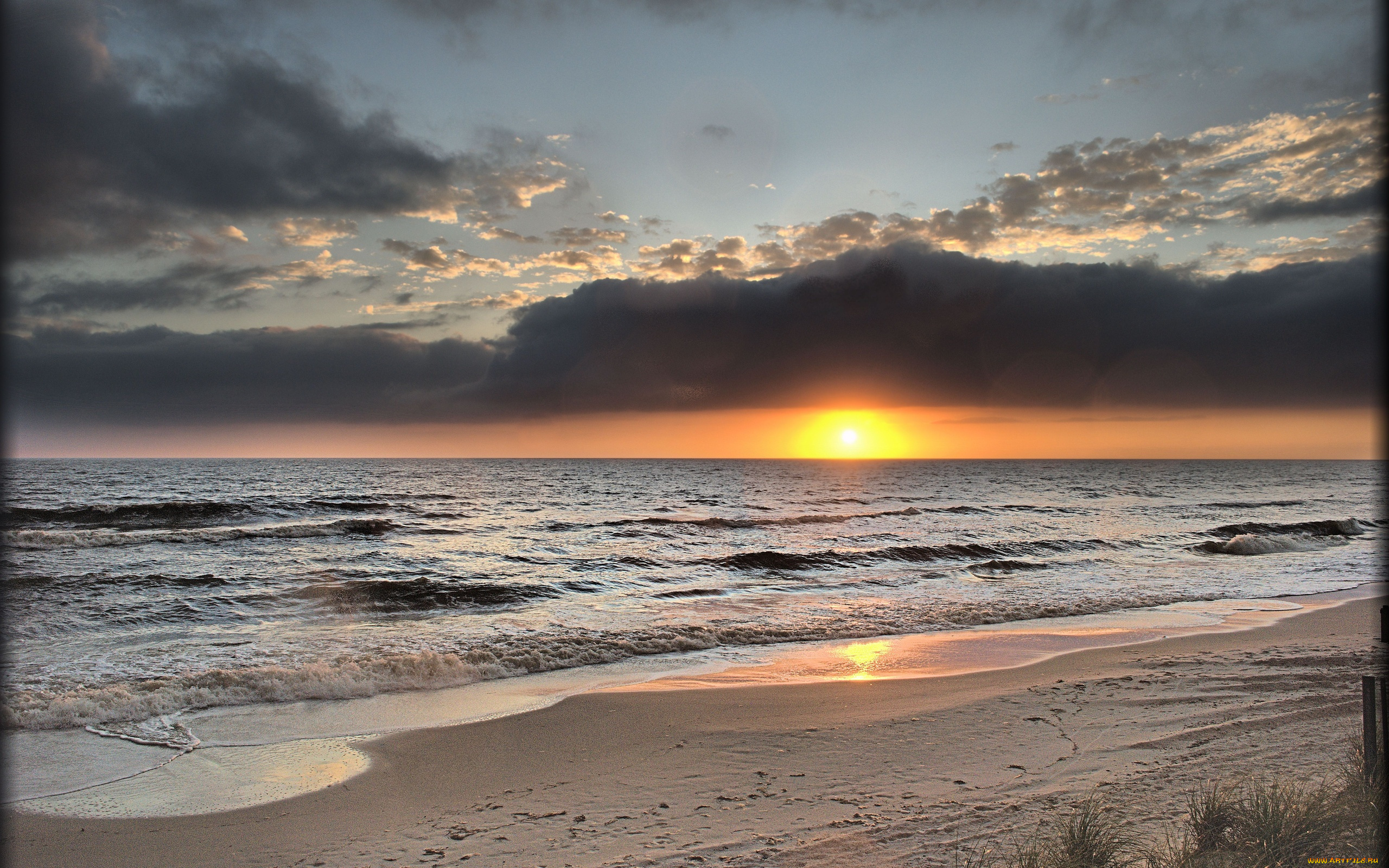 природа, восходы, закаты, океан, пляж, горизонт, тучи, закат, волны