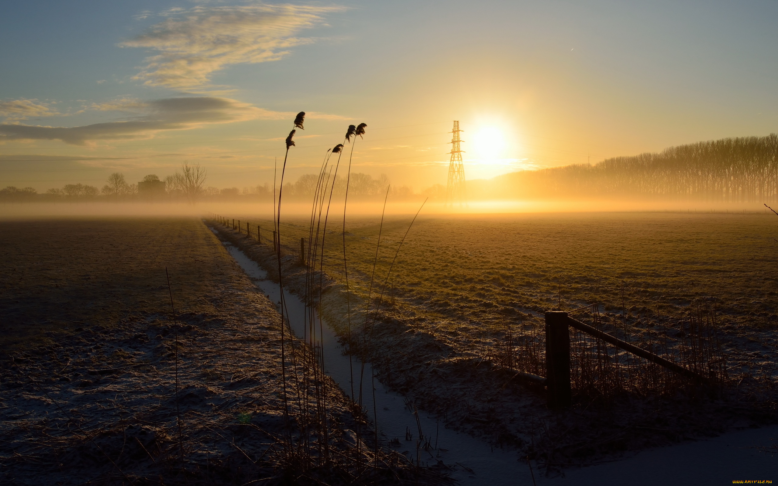 природа, восходы, закаты, поле, ров, туман, рассвет