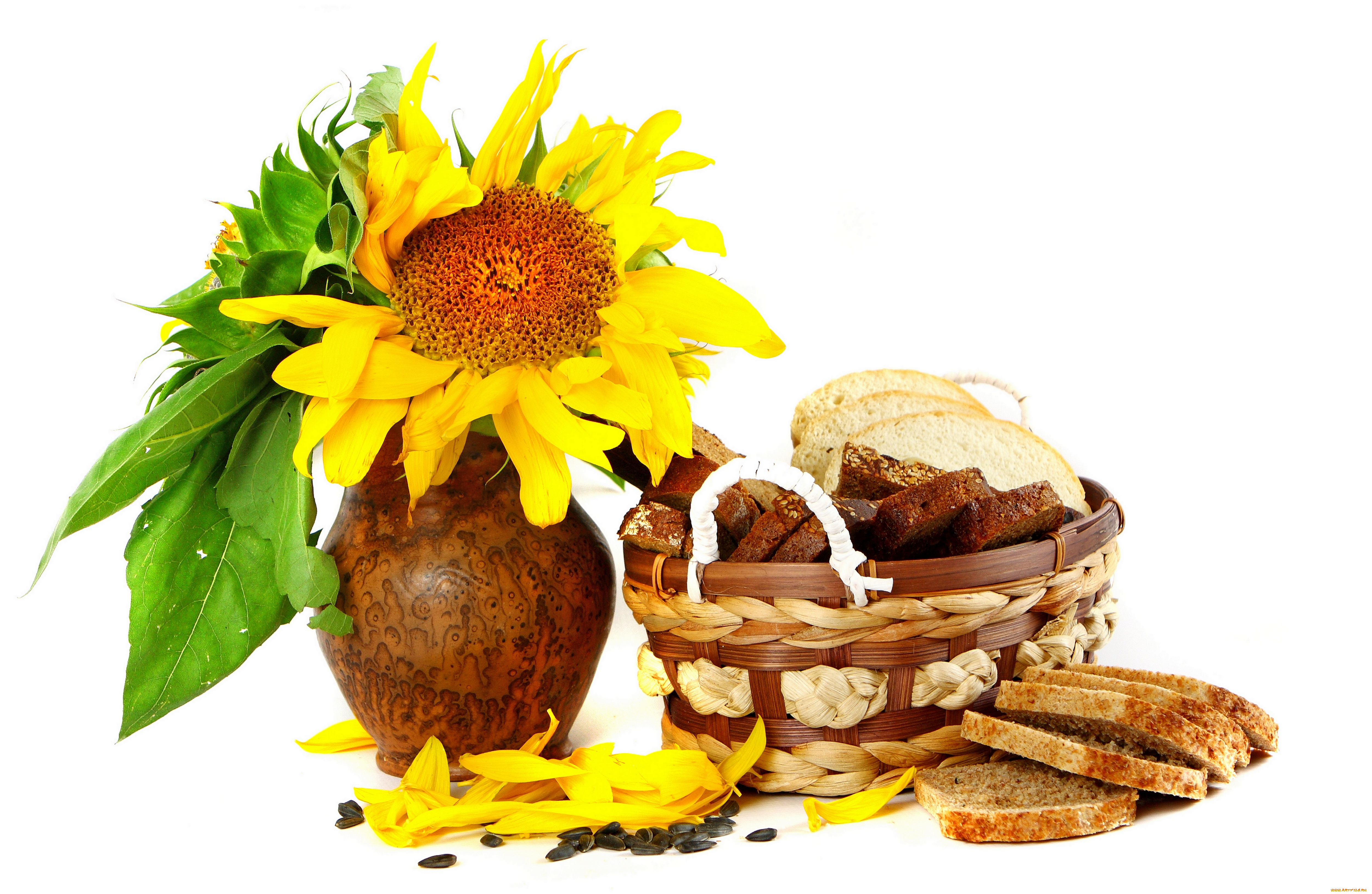 еда, хлеб, выпечка, корзина, композиция, кувшин, подсолнухи