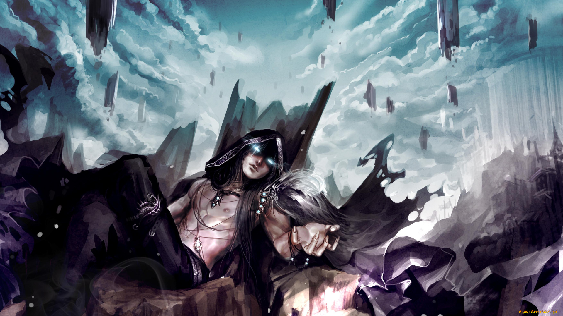 фэнтези, демоны, демон, капюшон, облака, камни, скалы, парень, genki-de, арт