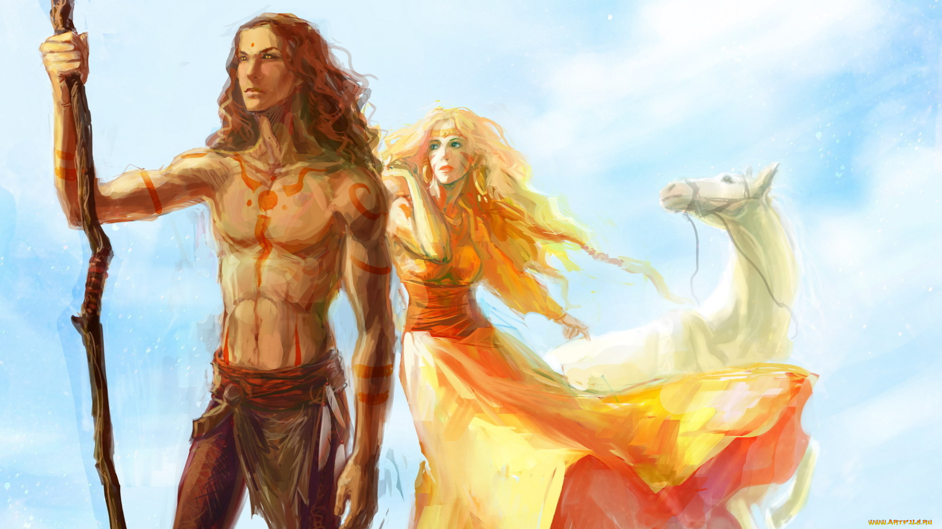 фэнтези, люди, девушка, парень, лошадь, тату, татуировки, посох, конь