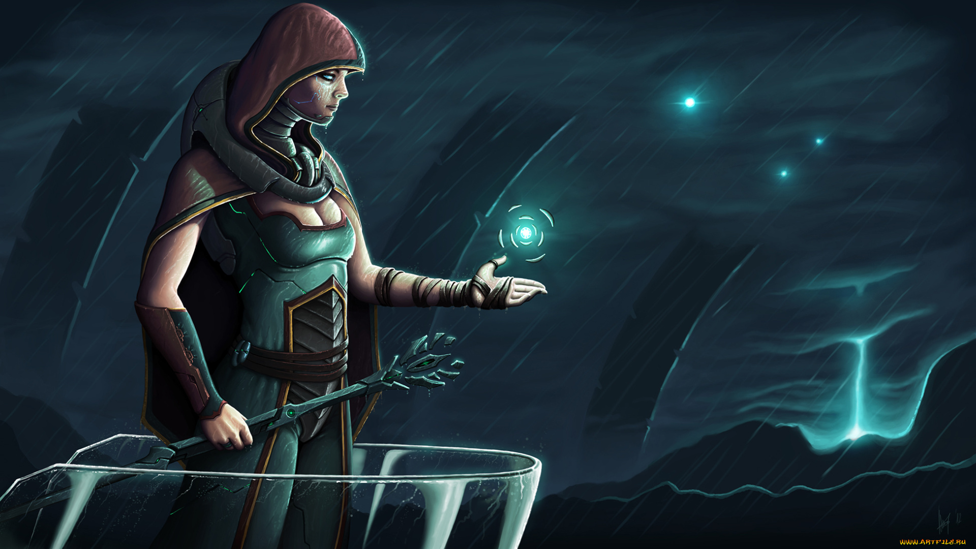 фэнтези, маги, , волшебники, посох, магия, накидка, дождь, девушка