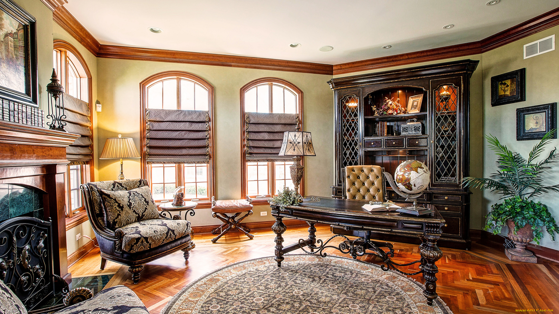 интерьер, кабинет, , библиотека, , офис, стол, шкаф, камин