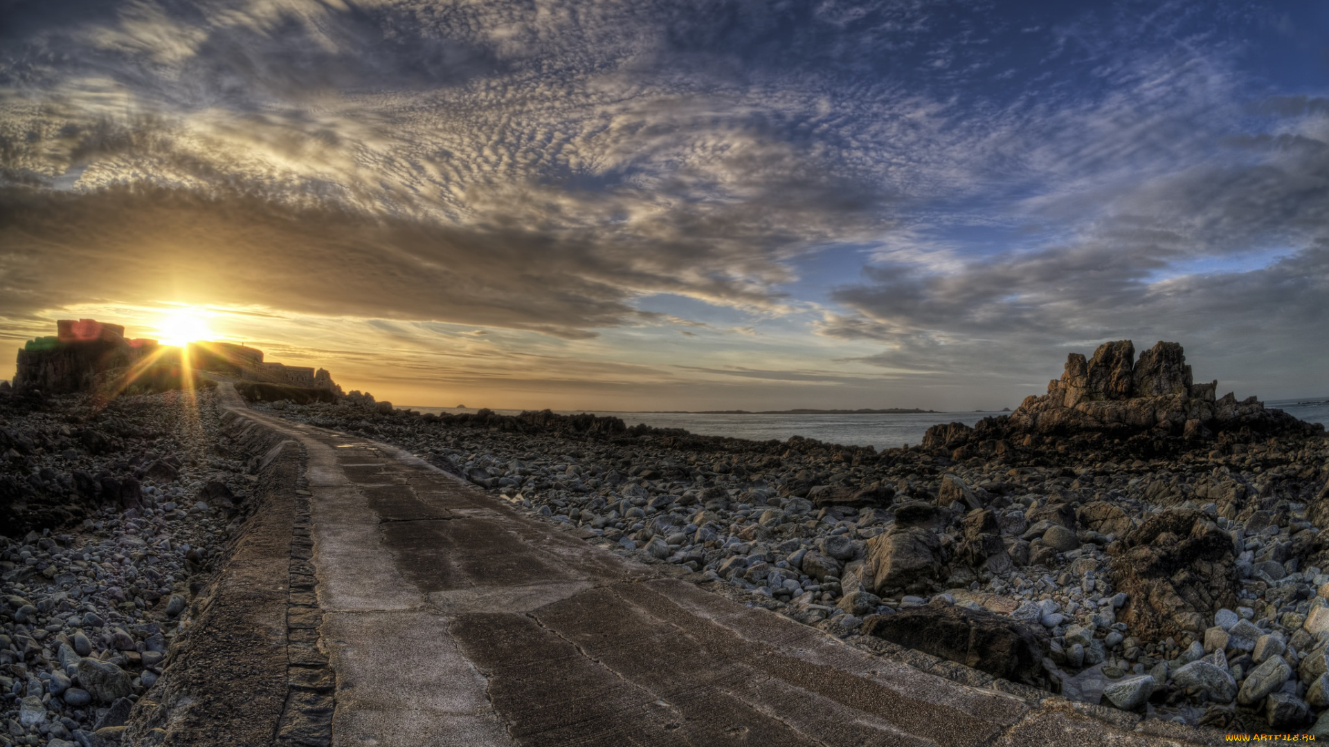 природа, восходы, закаты, берег, океан, камни, дорога, заря, облака, горизонт