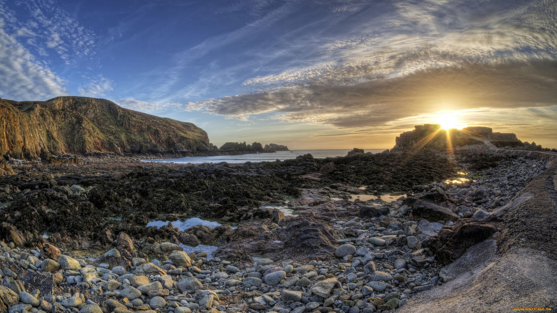 природа, восходы, закаты, лучи, солнце, горизонт, скалы, камни, бухта, океан
