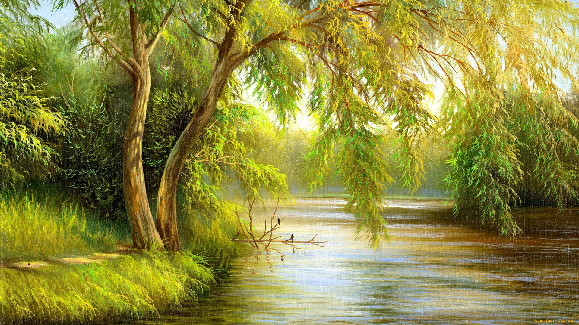 рисованные, природа, лето, река, кусты, деревья, трава