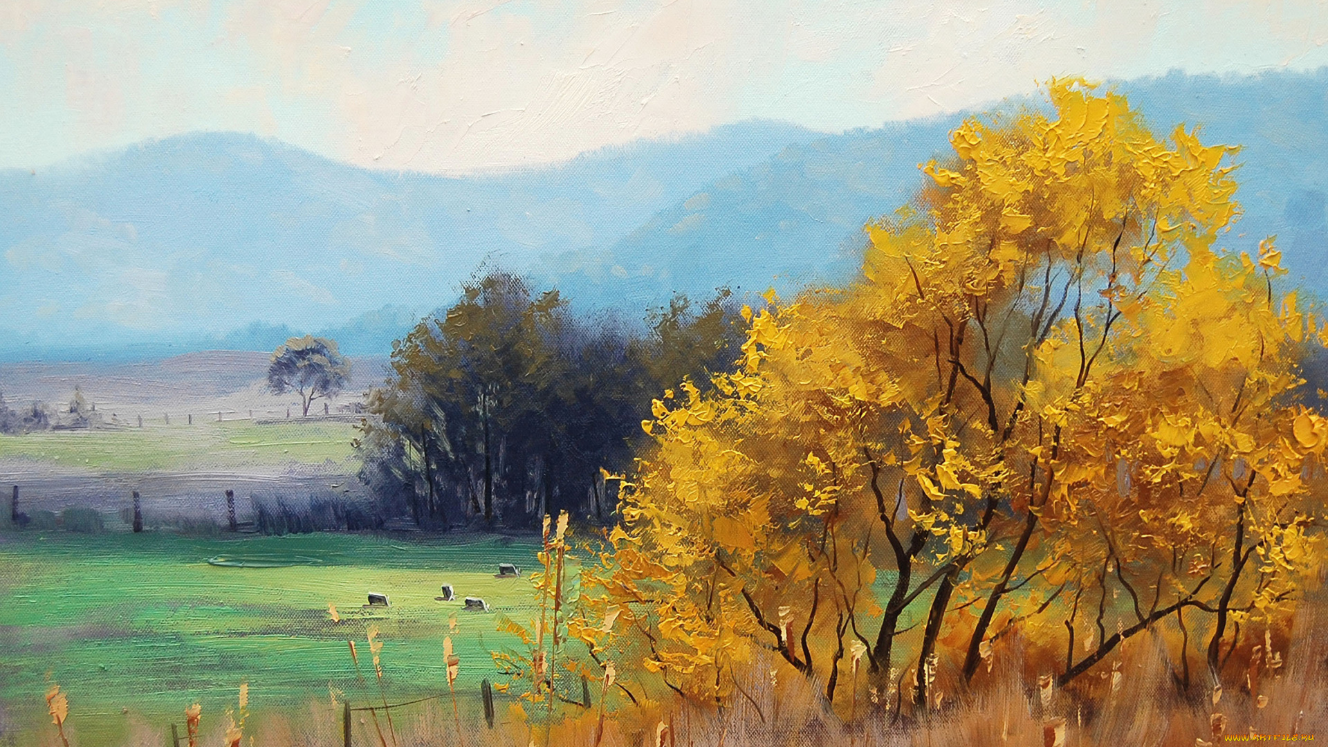 рисованные, природа, осень, луг, холмы, деревья