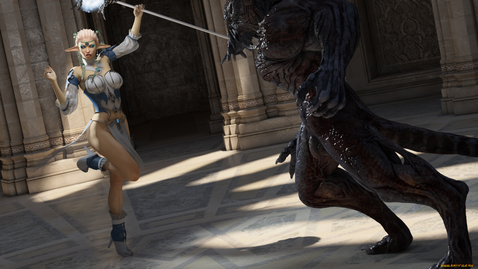 syrrist, in, battle, 3д, графика, fantasy, , фантазия, девушка, существо, шест