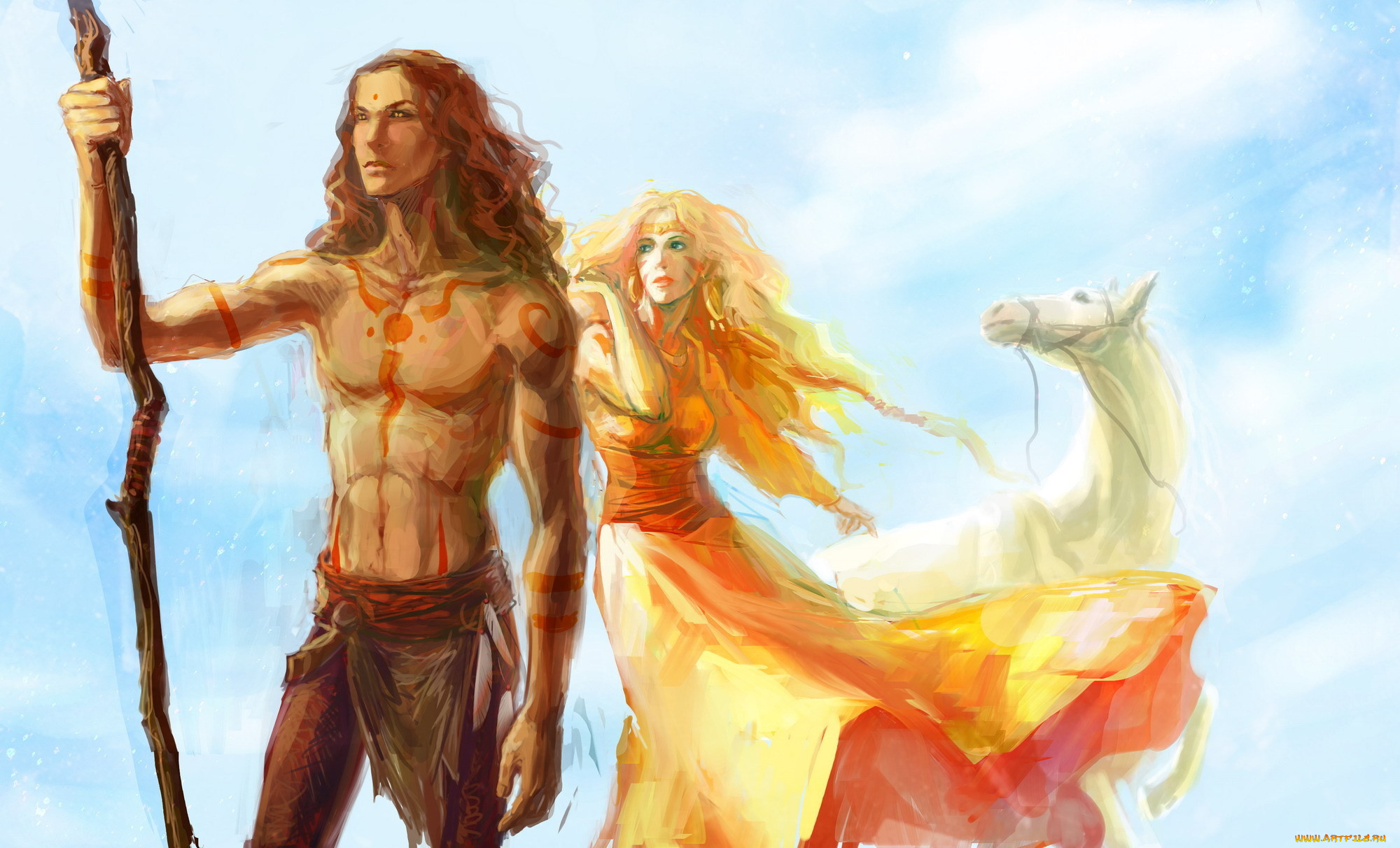 фэнтези, люди, девушка, парень, лошадь, тату, татуировки, посох, конь