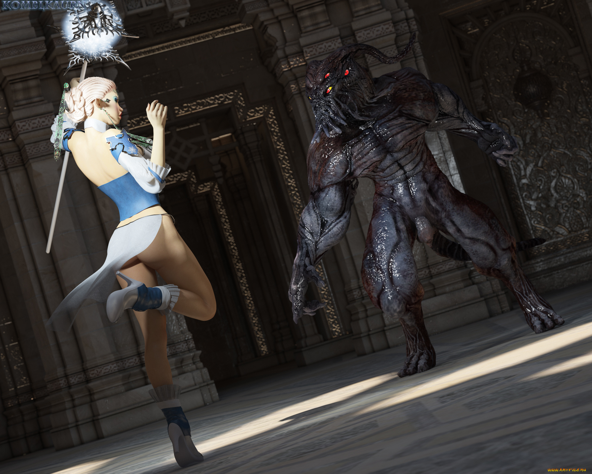 syrrist, in, battle, 3д, графика, fantasy, , фантазия, девушка, существо, шест