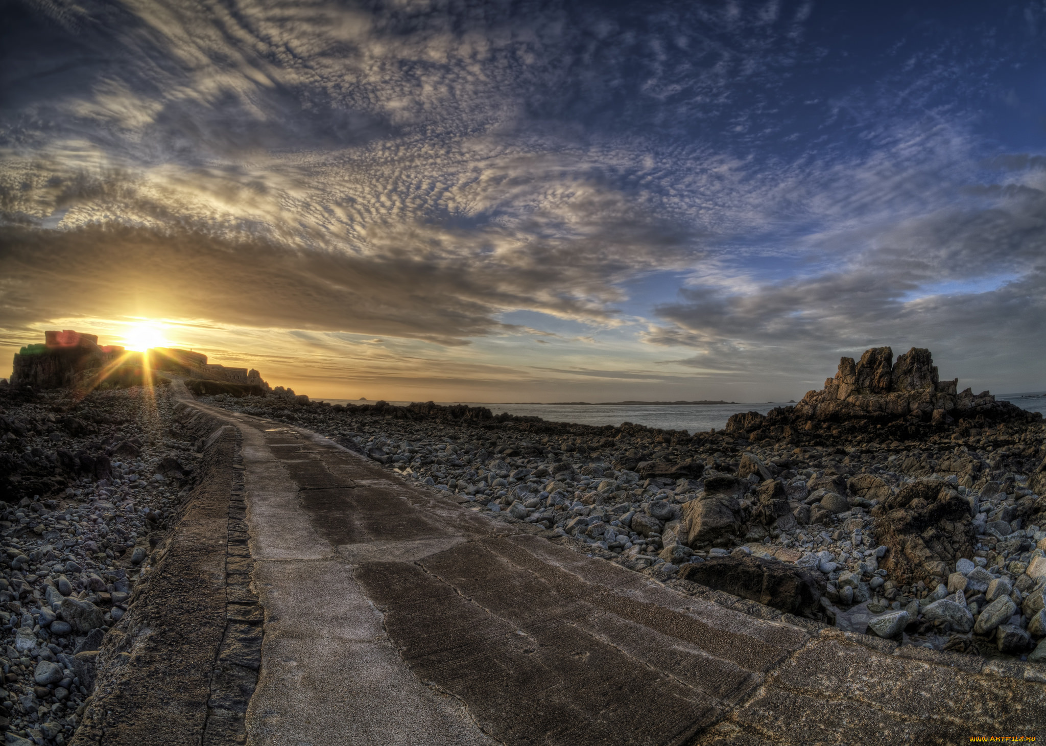 природа, восходы, закаты, берег, океан, камни, дорога, заря, облака, горизонт