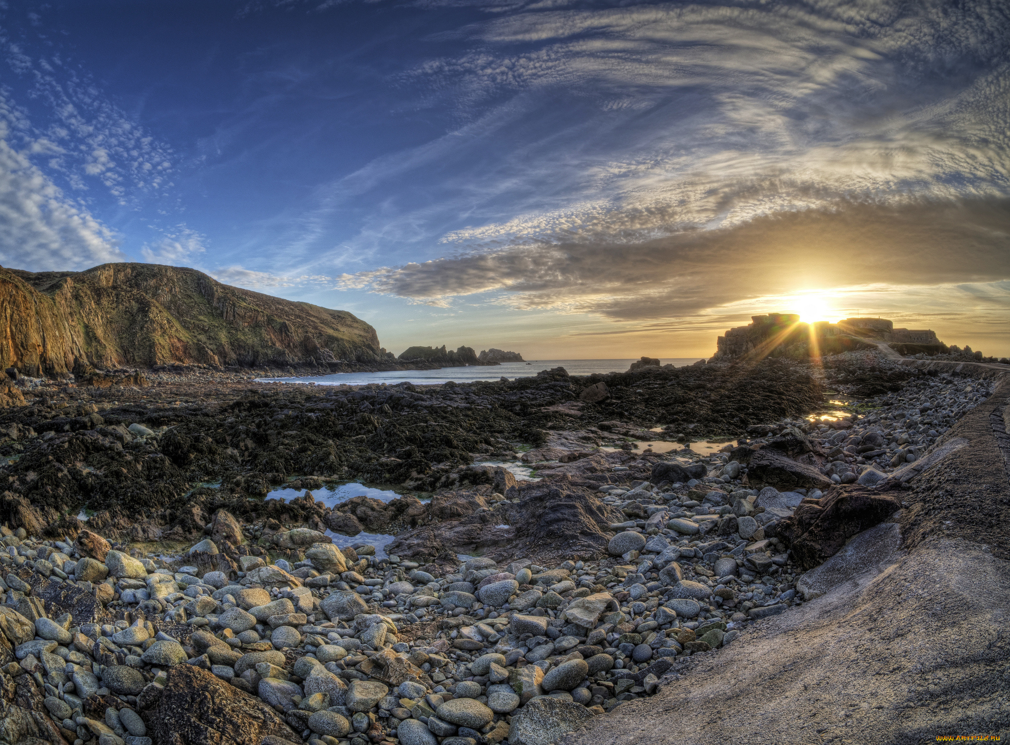 природа, восходы, закаты, лучи, солнце, горизонт, скалы, камни, бухта, океан