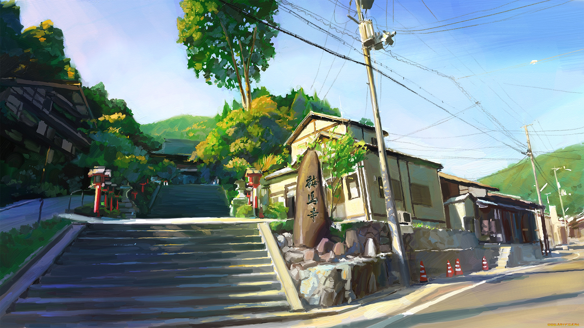 рисованные, живопись, лестница, Япония, киото, день, камень