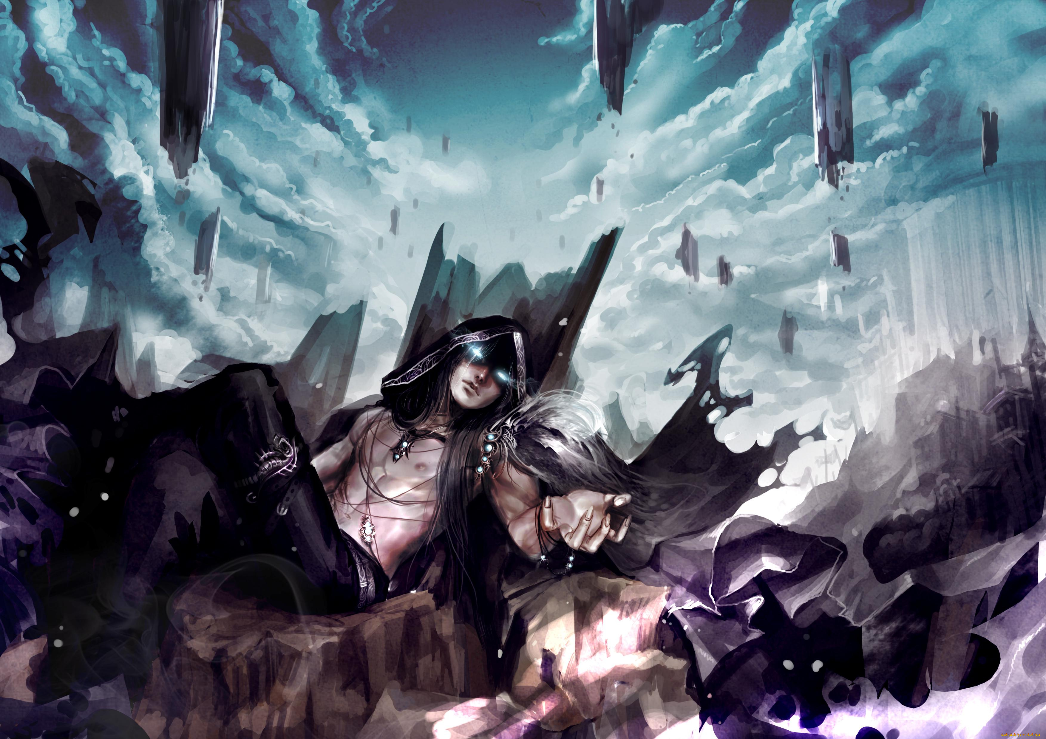 фэнтези, демоны, демон, капюшон, облака, камни, скалы, парень, genki-de, арт