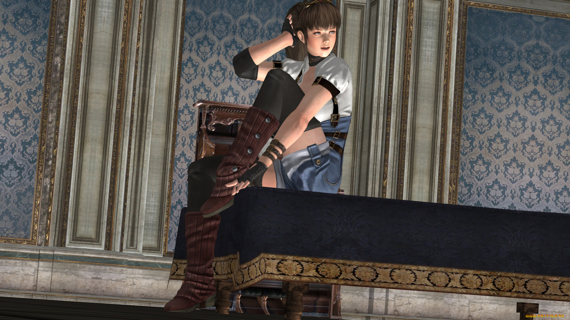 3д, графика, аниме, , anime, взгляд, девушка, фон, стол, сапоги