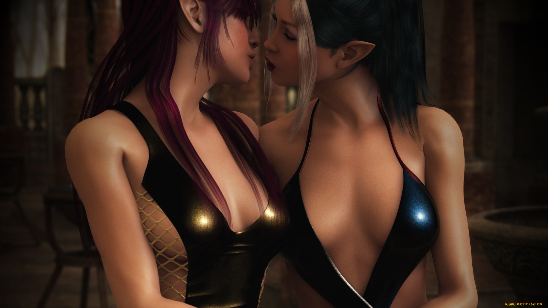 3д, графика, эльфы, , elves, поцелуй, фон, взгляд, эльфийки