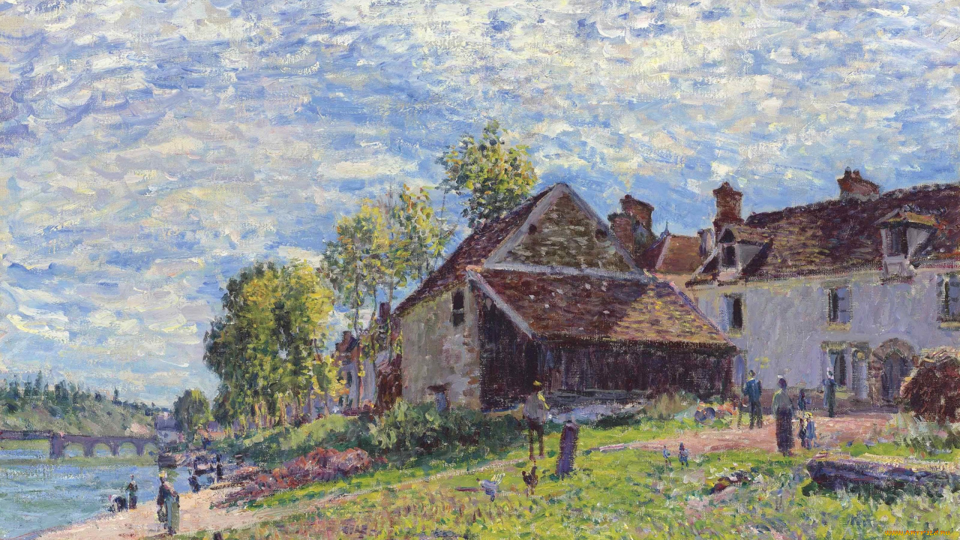 рисованное, живопись, пейзаж, картина, дома, мост, река, облака, небо, alfred, sisley, люди