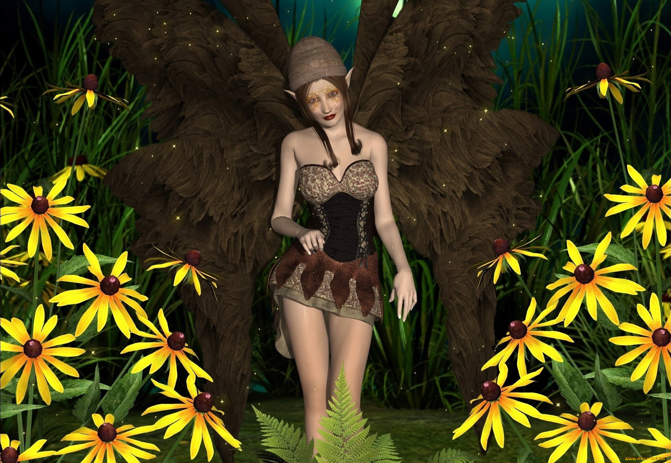 3д, графика, эльфы, , elves, шляпа, фон, взгляд, эльфийка, цветы