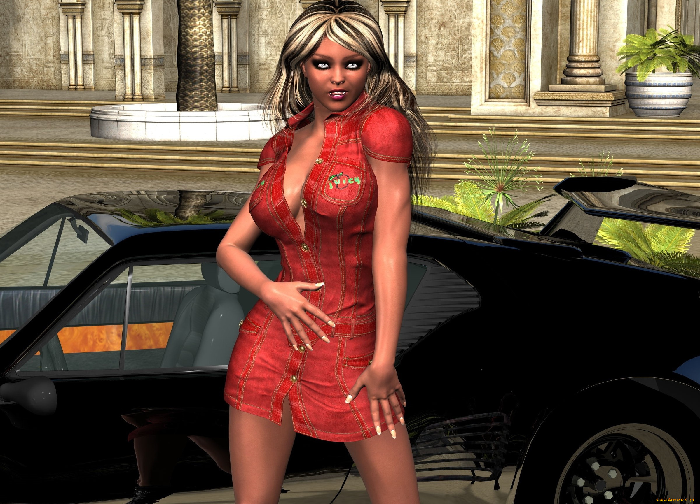 автомобили, 3d, car&girl, автомобиль, фон, взгляд, девушка