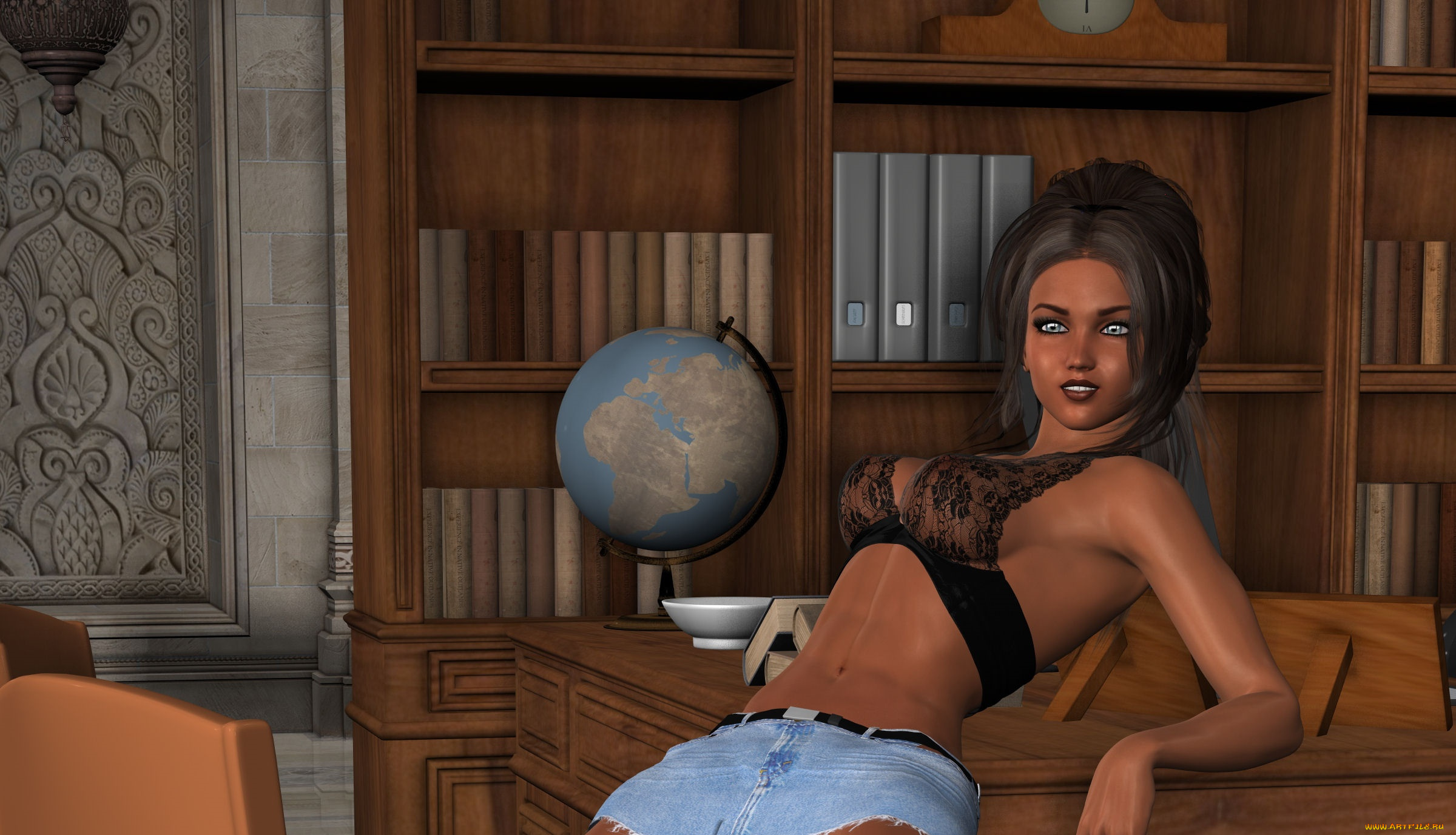 3д, графика, люди, , people, шорты, книги, девушка, глобус, фон, взгляд