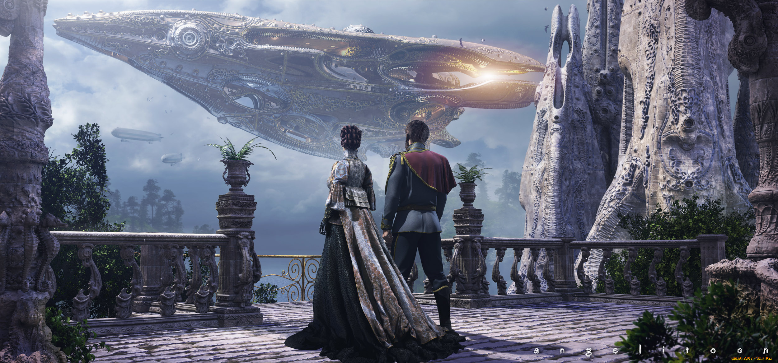 3д, графика, фантазия, , fantasy, космические, кораьли, балкон, женщина, мужчина