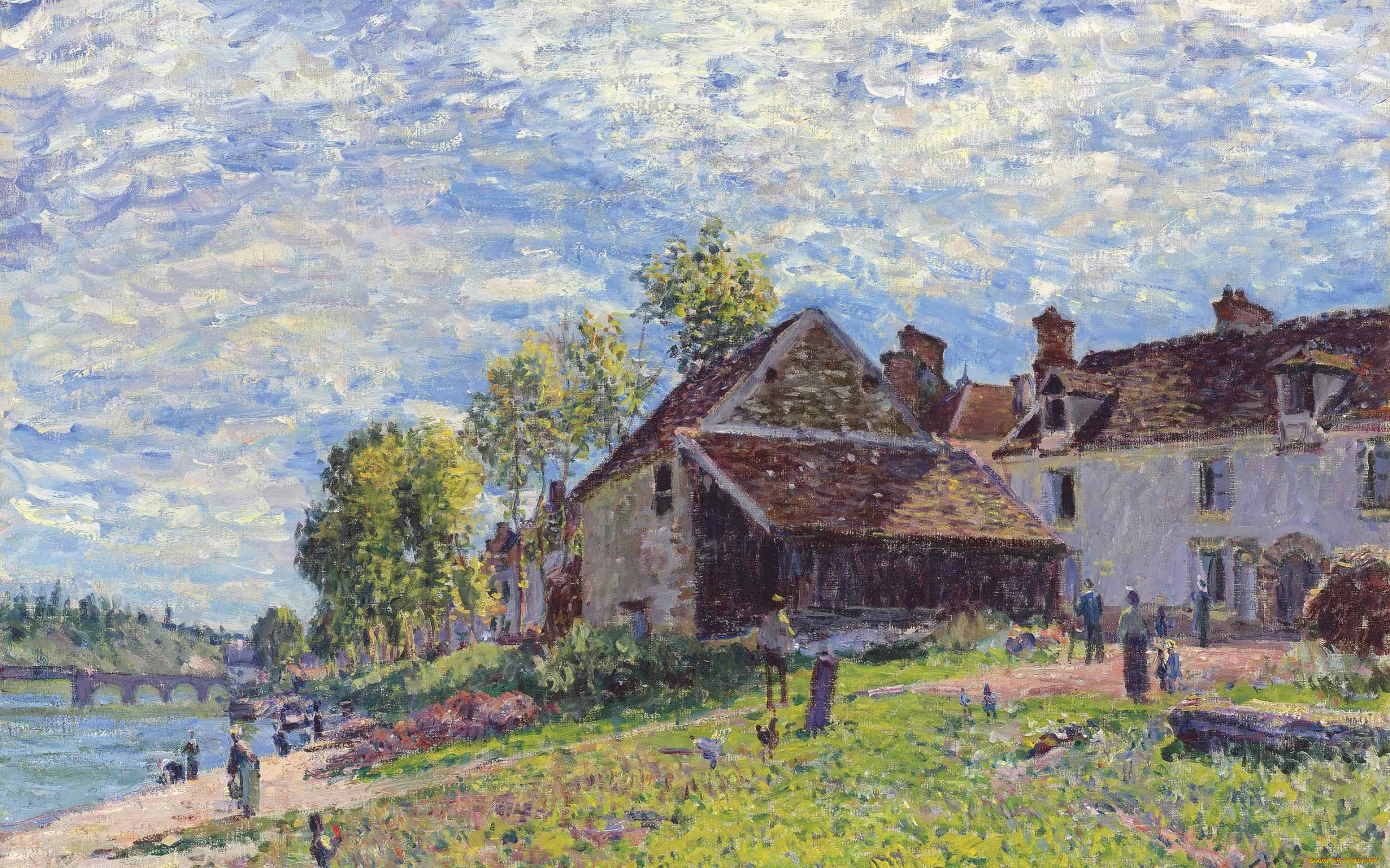 рисованное, живопись, пейзаж, картина, дома, мост, река, облака, небо, alfred, sisley, люди