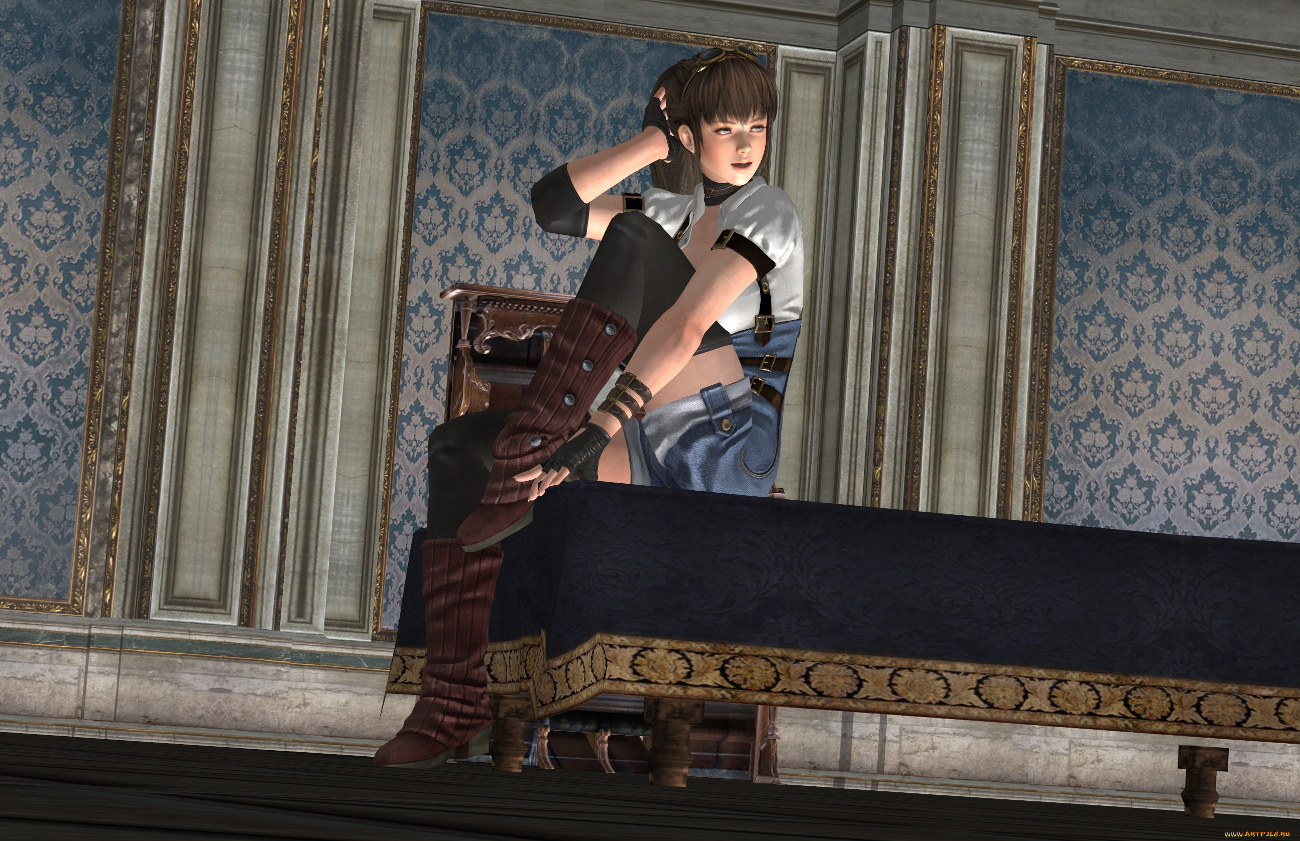 3д, графика, аниме, , anime, взгляд, девушка, фон, стол, сапоги