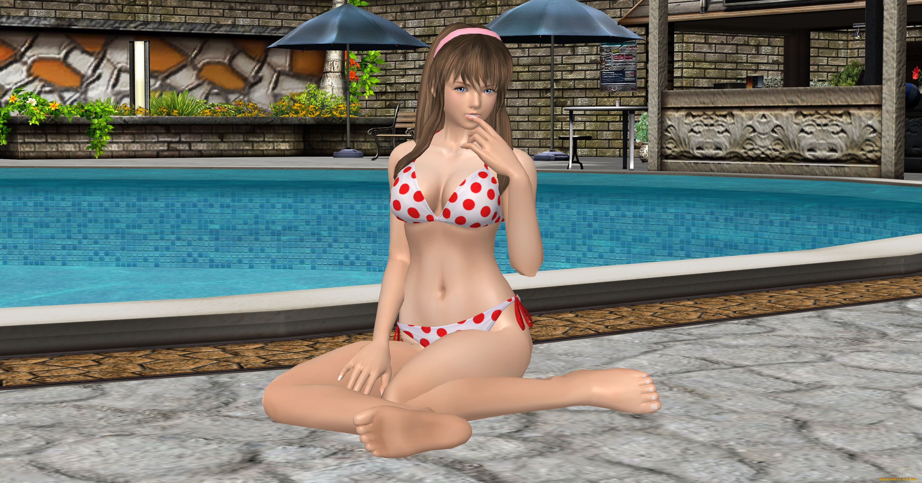 3д, графика, аниме, , anime, девушка, бассейн, фон, взгляд