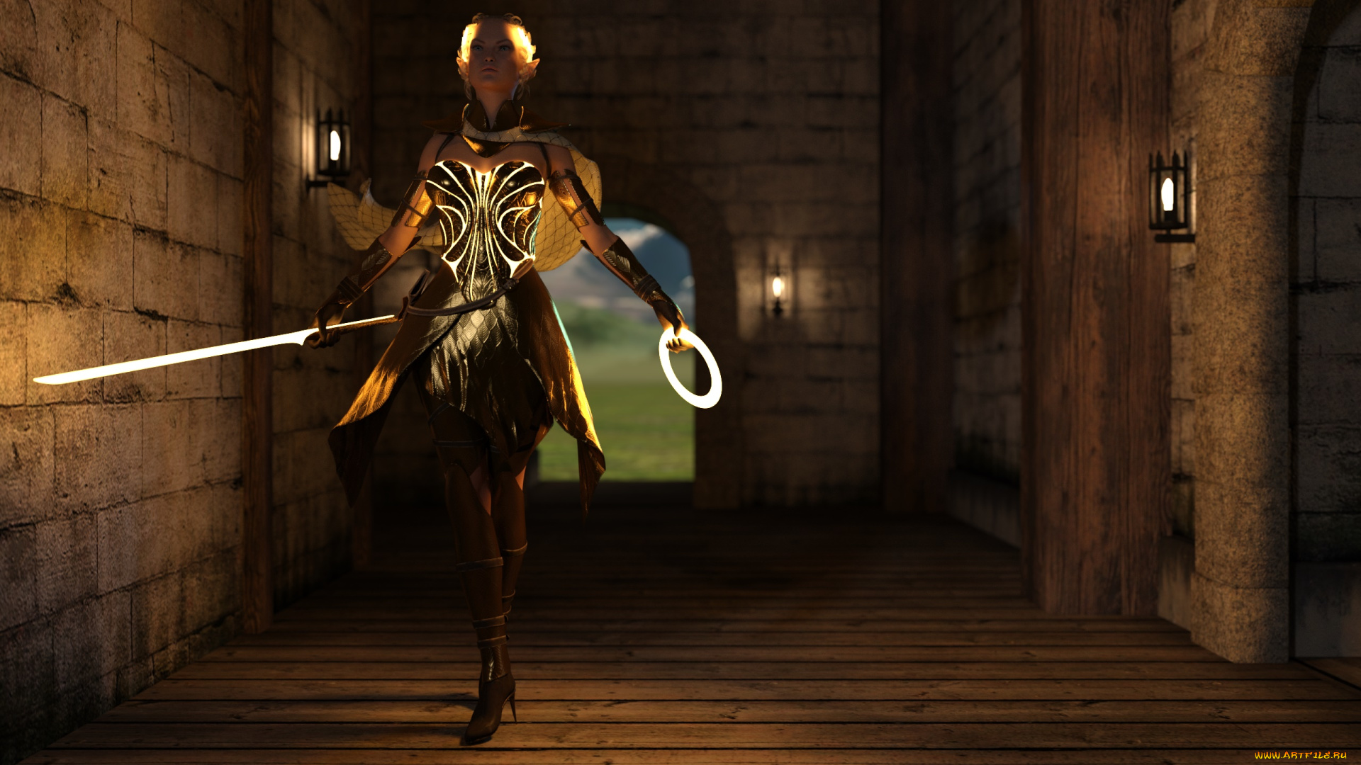 3д, графика, эльфы, , elves, эльфийка, взгляд, фон, оружие