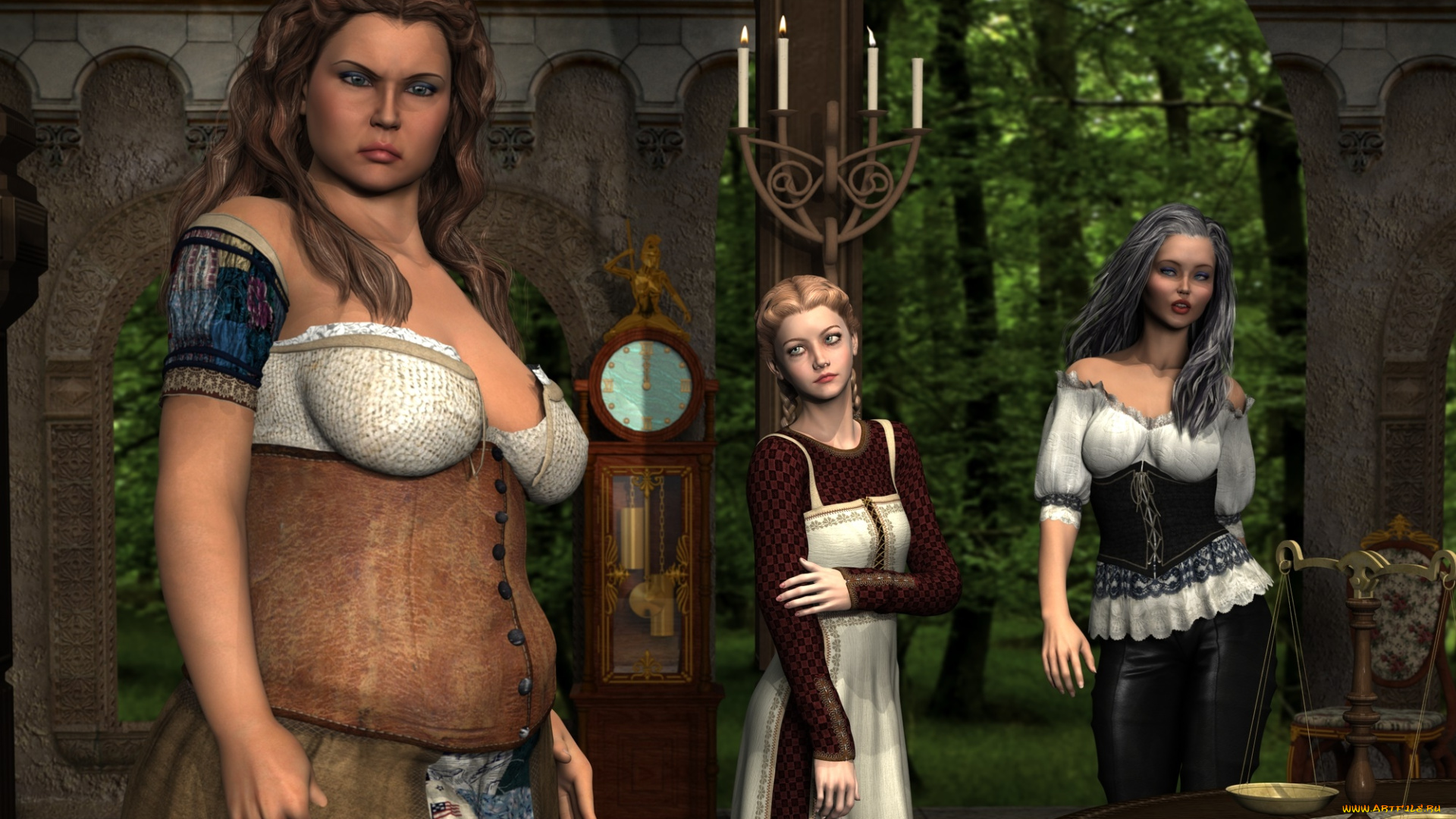 3д, графика, люди, , people, взгляд, фон, свечи, девушки