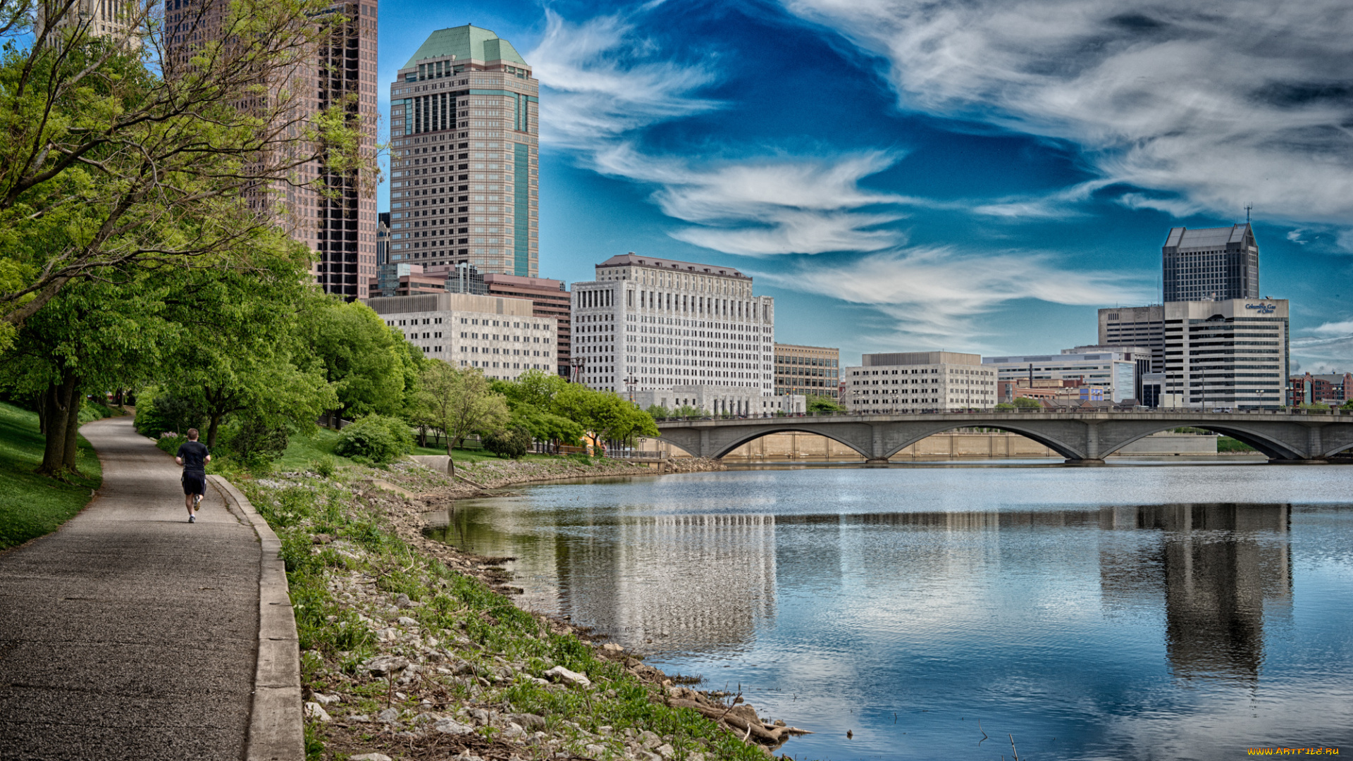 columbus, , ohio, города, -, мосты, мост, высотки, река