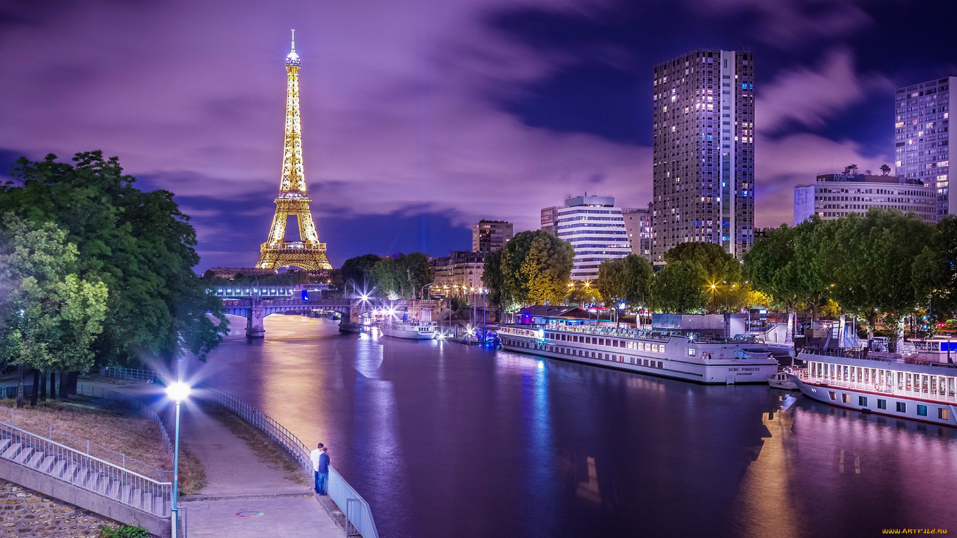 города, париж, , франция, ночь, река, башня