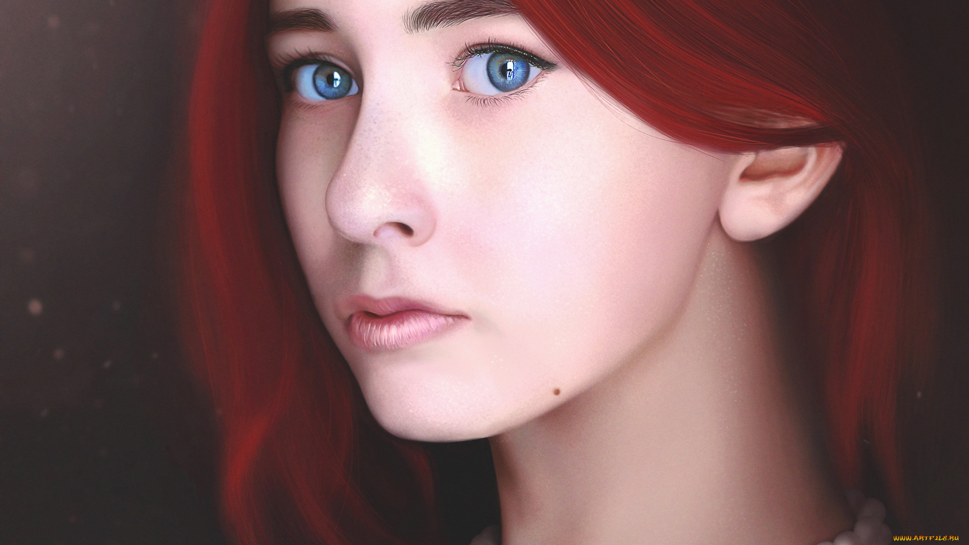 рисованное, люди, бусы, лицо, арт, красные, волосы, взгляд, девушка