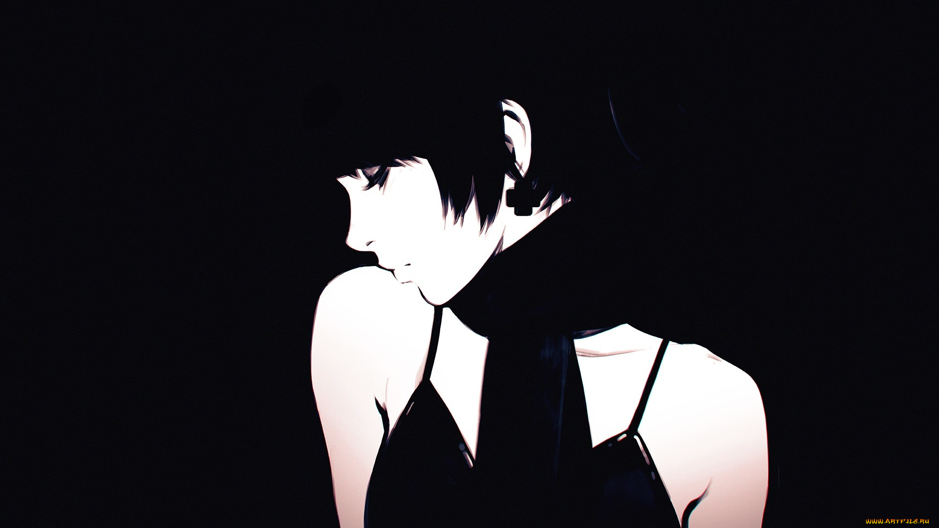 рисованное, люди, профиль, черный, фон, девушка, арт