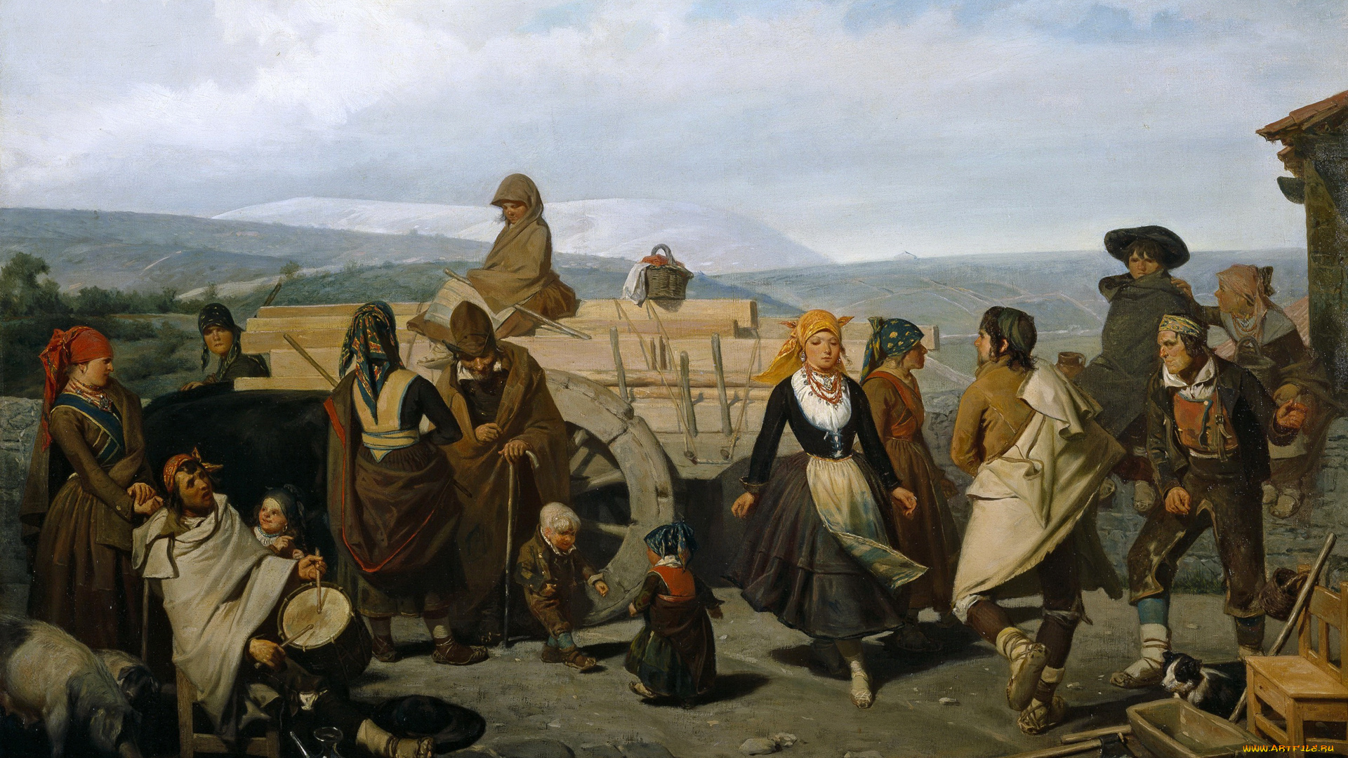 рисованное, живопись, танец, валериано, домингес, беккер, горы, повозка, дети, люди, жанровая, картина