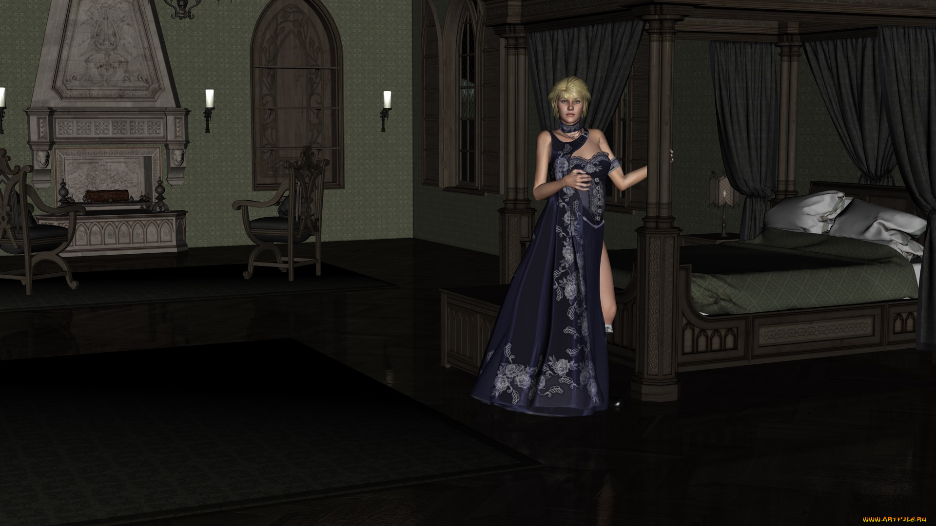 вампир, evette, 3д, графика, существа, , creatures, взгляд, девушка, интерьер, фон