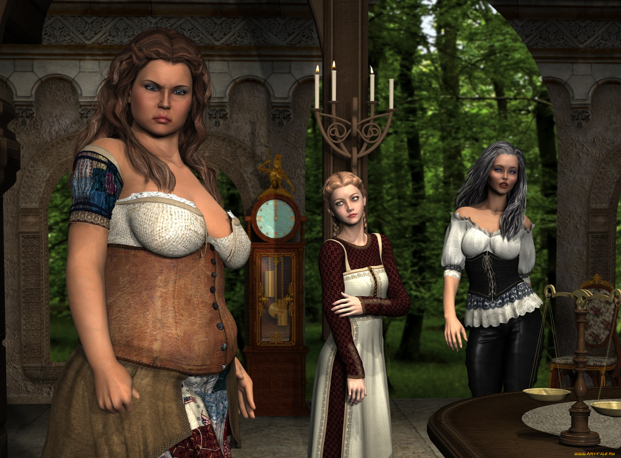 3д, графика, люди, , people, взгляд, фон, свечи, девушки