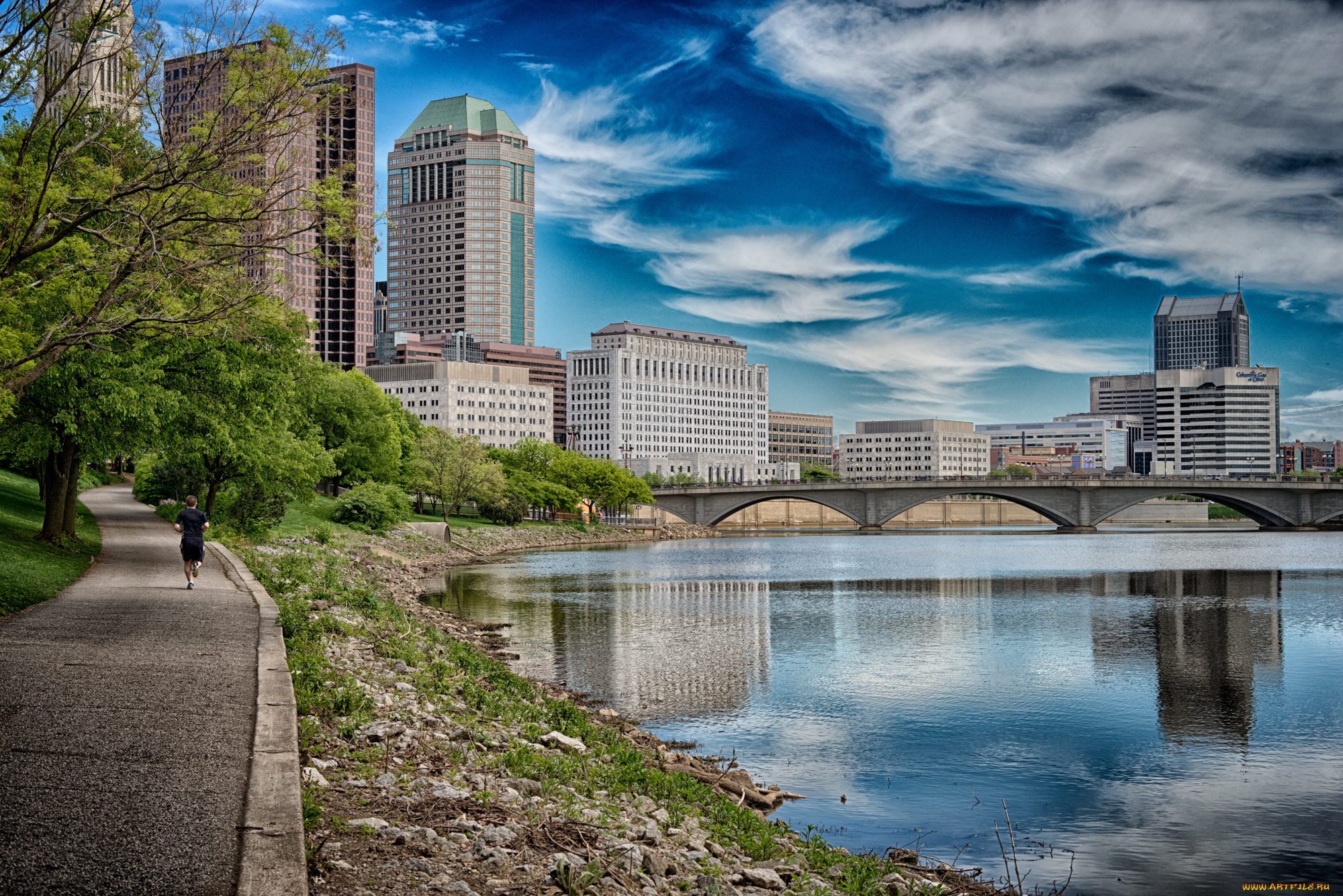 columbus, , ohio, города, -, мосты, мост, высотки, река