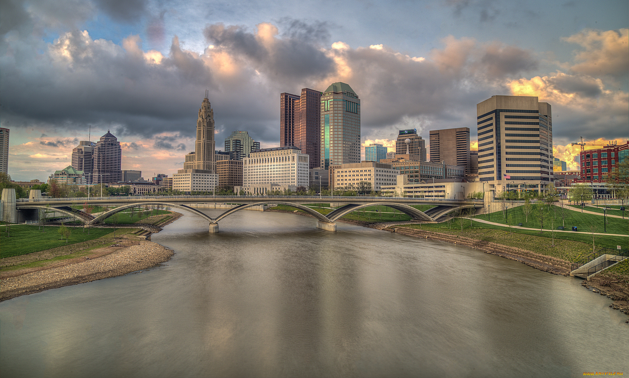 columbus, , ohio, города, -, мосты, река, мост, высотки