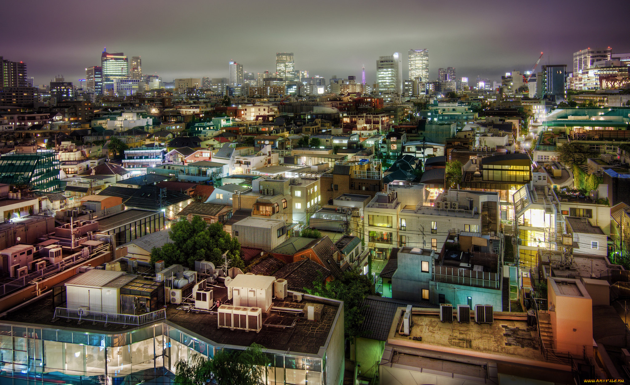 города, -, огни, ночного, города, панорама, trey, ratcliff, крыши, здания, подсветка