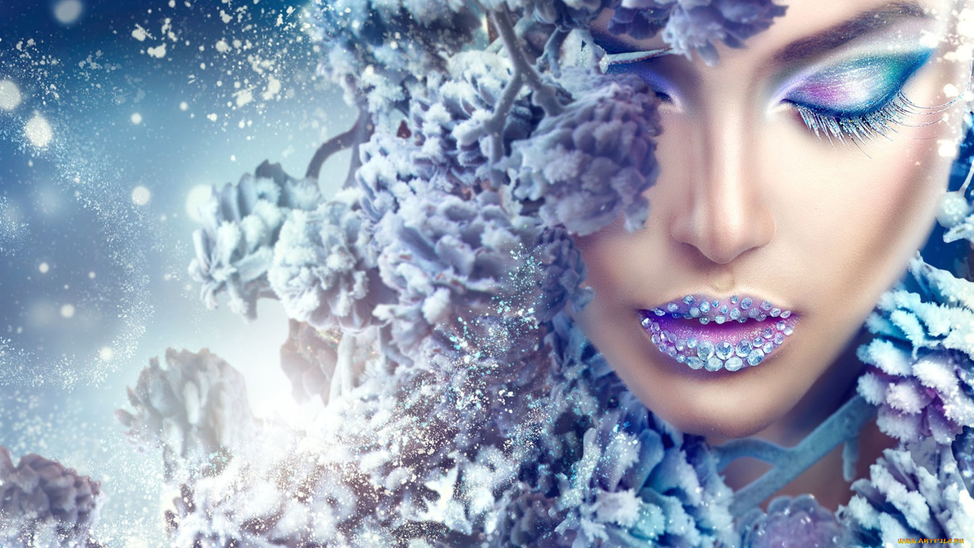 девушки, анна, субботина, лицо, модель, снег, ветки, стразы, макияж
