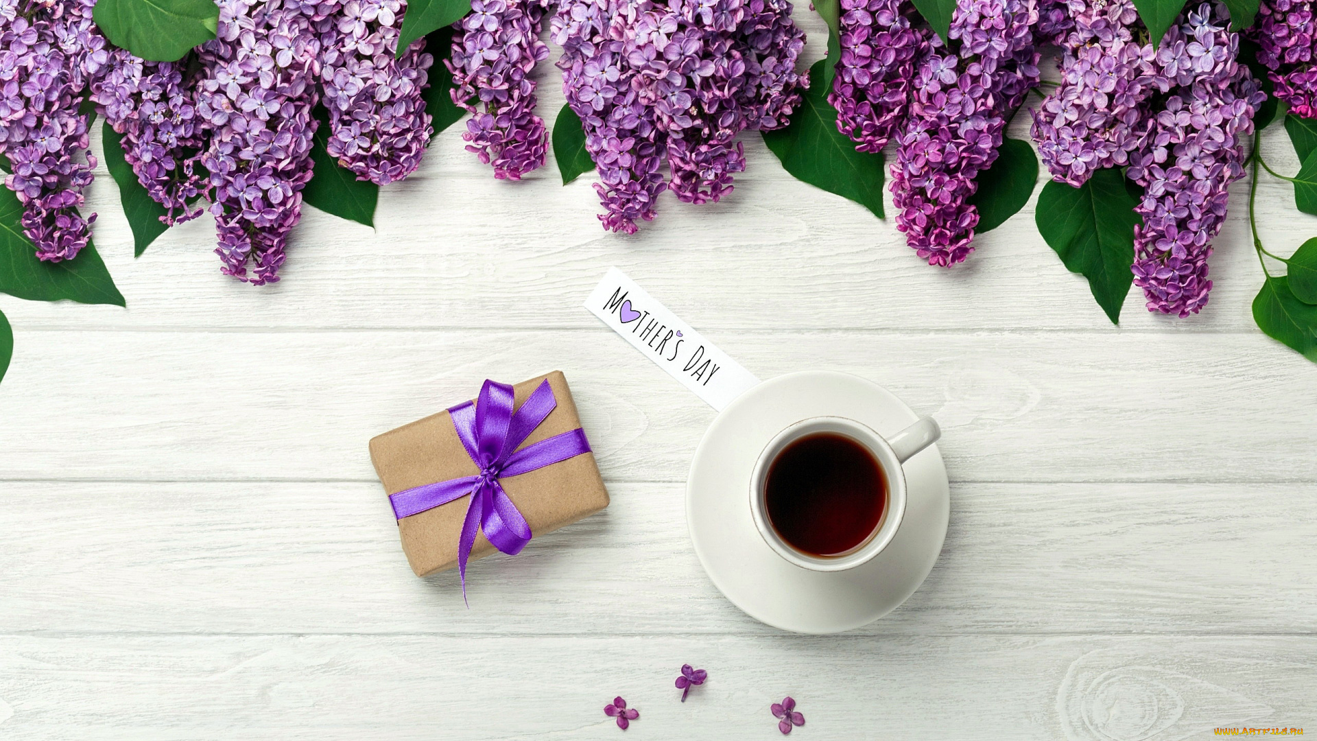 праздничные, день, матери, кофе, подарок, сирень, надпись