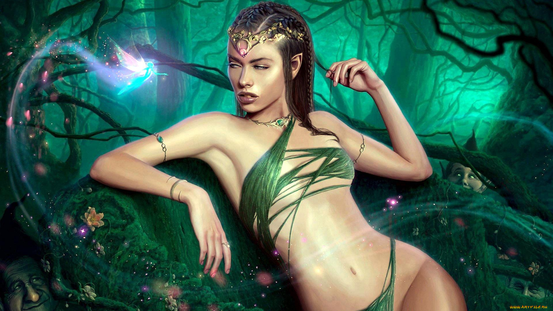 фэнтези, эльфы, девушка, фея, лес, гномы