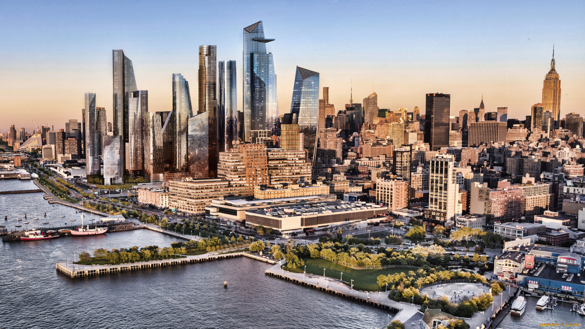 города, нью-йорк, , сша, хадсон, ярдс, манхэттен, нью, йорк, эмпайр, стейт, билдинг, вечер, закат, небоскребы, современные, здания